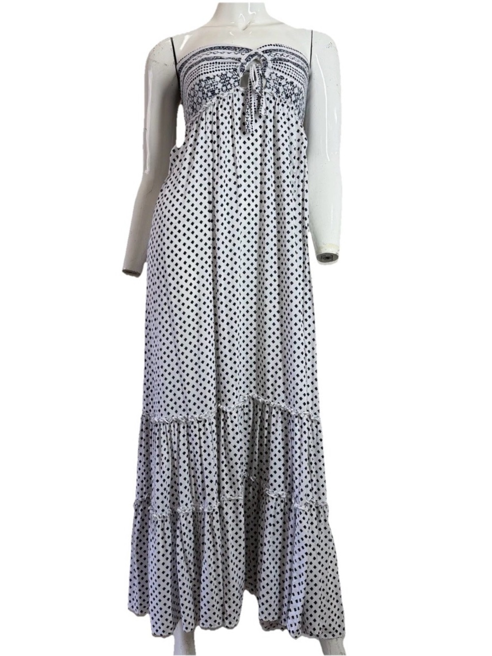 skylar + madison Strapless Boho Maxi Dress S Geometric Polka Dot Smocked Tiered